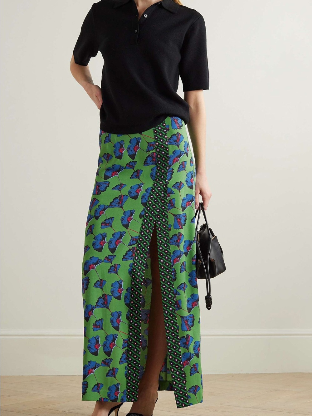Green Floral Split Maxi Skirt with Blue Accents